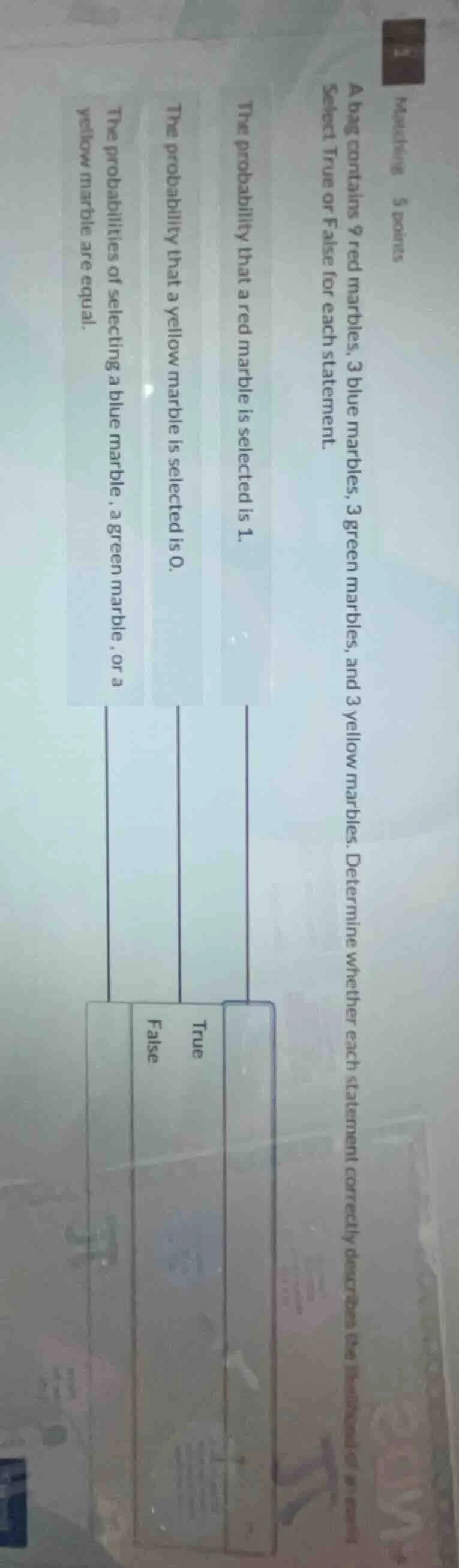 matching 5 points a bag contains 9 red marbles, 3 blue marbles, 3 green…