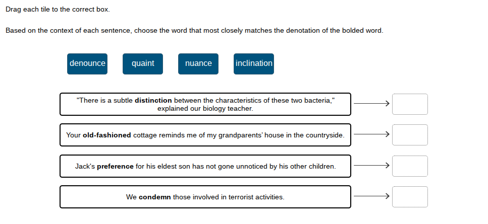 drag each tile to the correct box. based on the context of each sentenc…