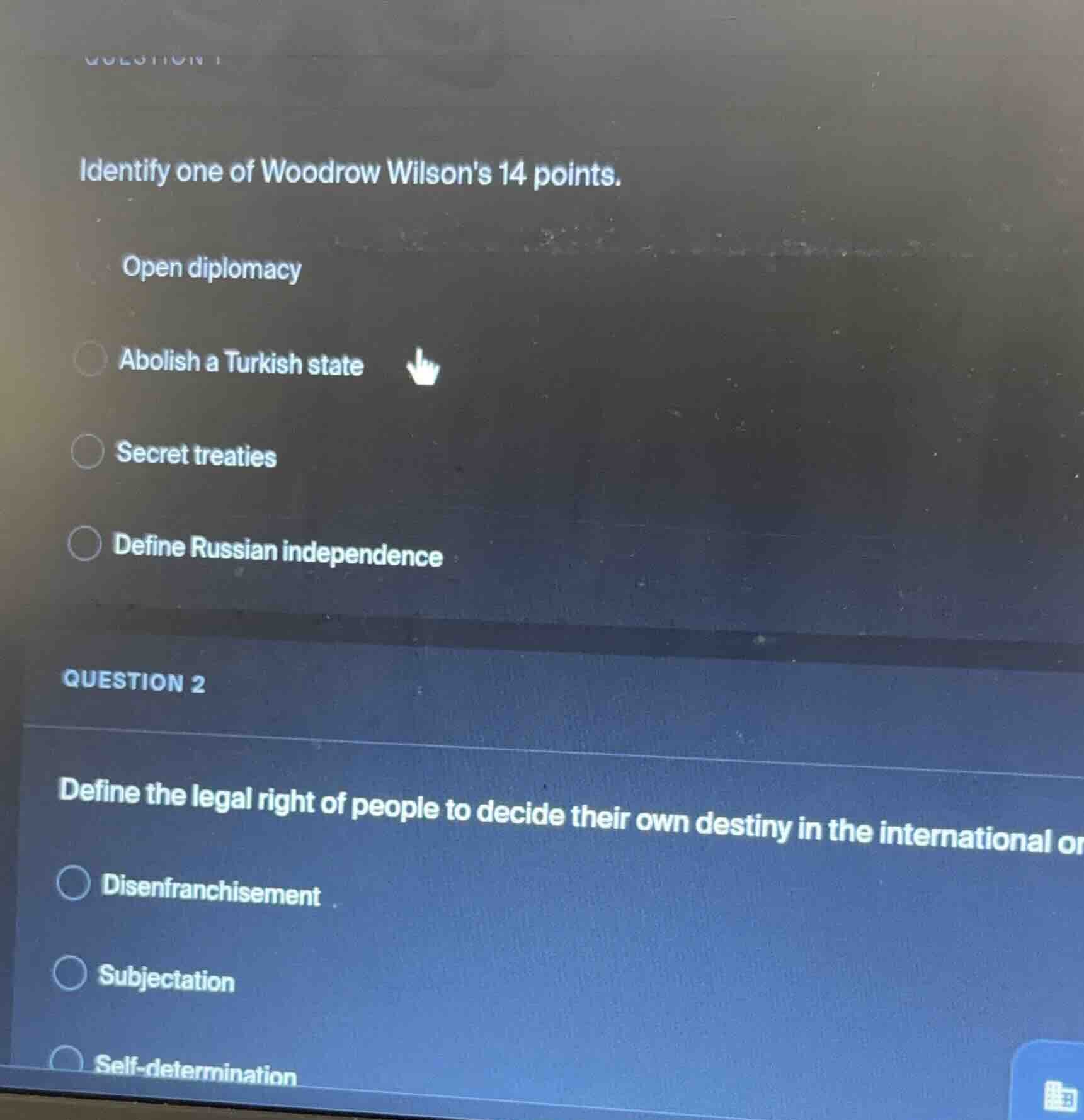 identify one of woodrow wilsons 14 points. open diplomacy abolish a tur…