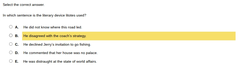 select the correct answer. in which sentence is the literary device lit…