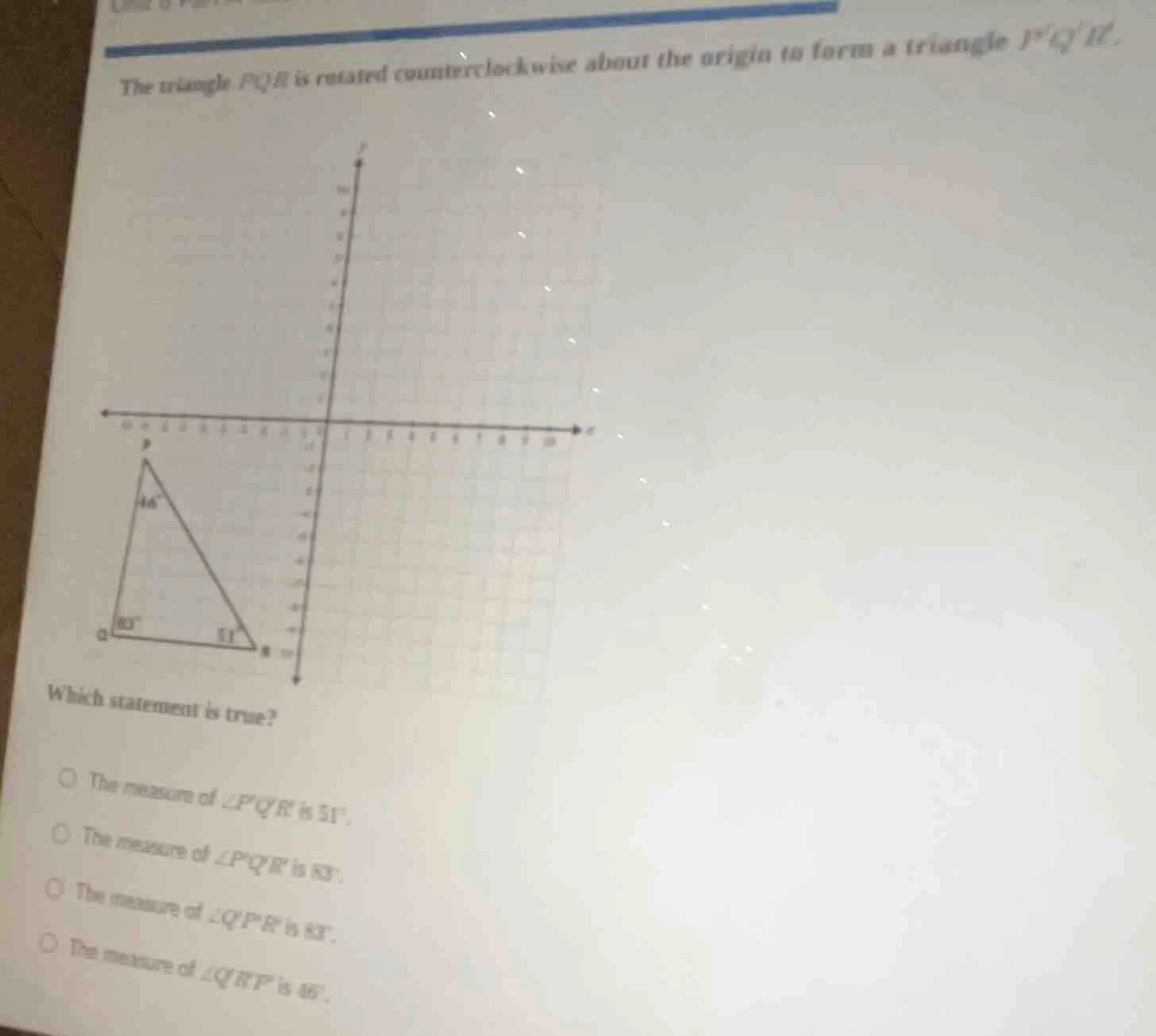 the triangle pqr is rotated counterclockwise about the origin to form a…