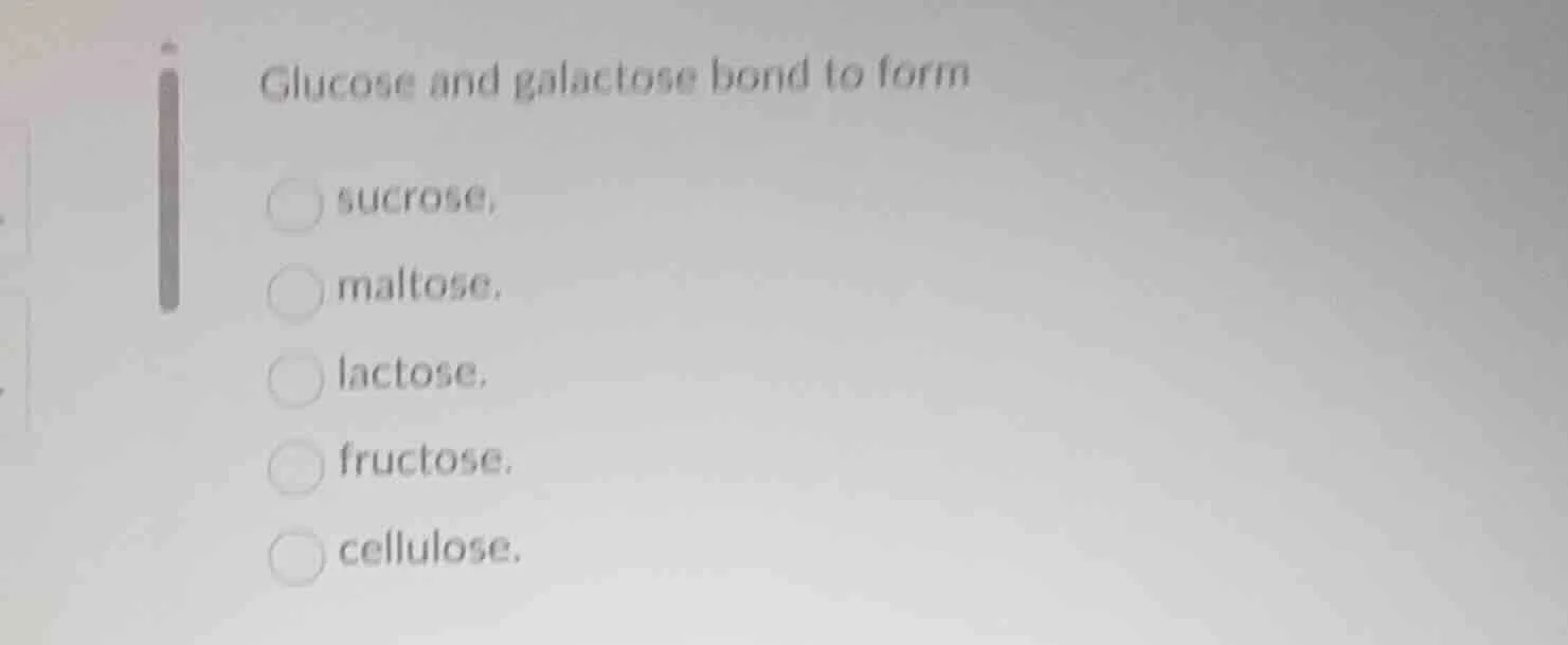 glucose and galactose bond to form sucrose, maltose. lactose. fructose.…