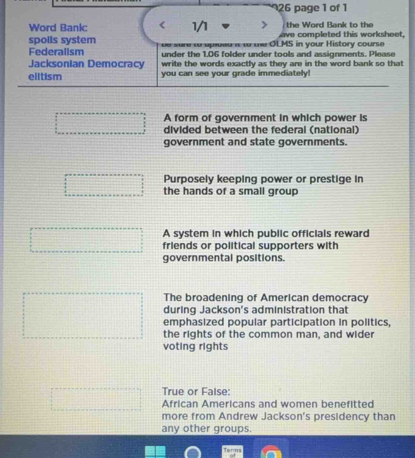 2026 page 1 of 1 word bank: spoils system federalism jacksonian democra…