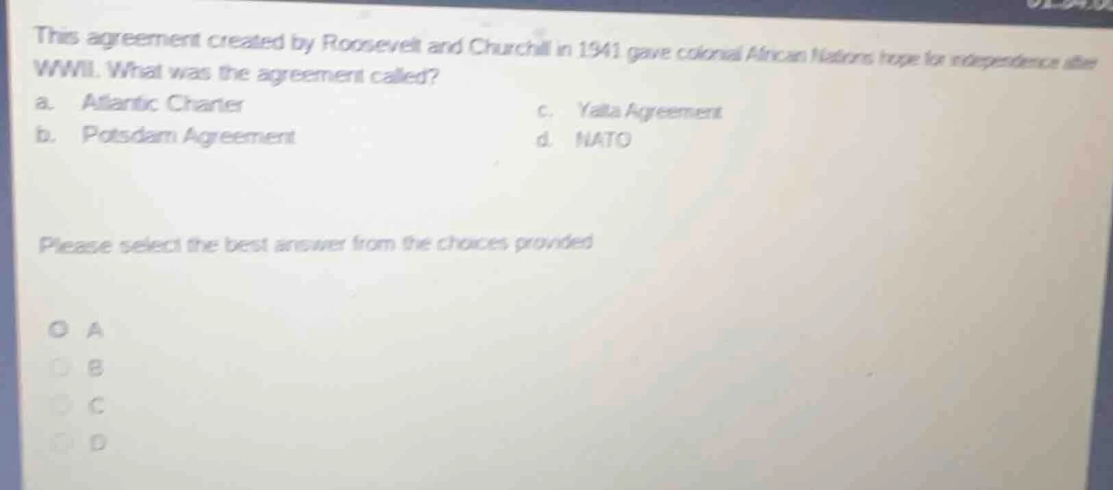 this agreement created by roosevelt and churchill in 1941 gave colonial…