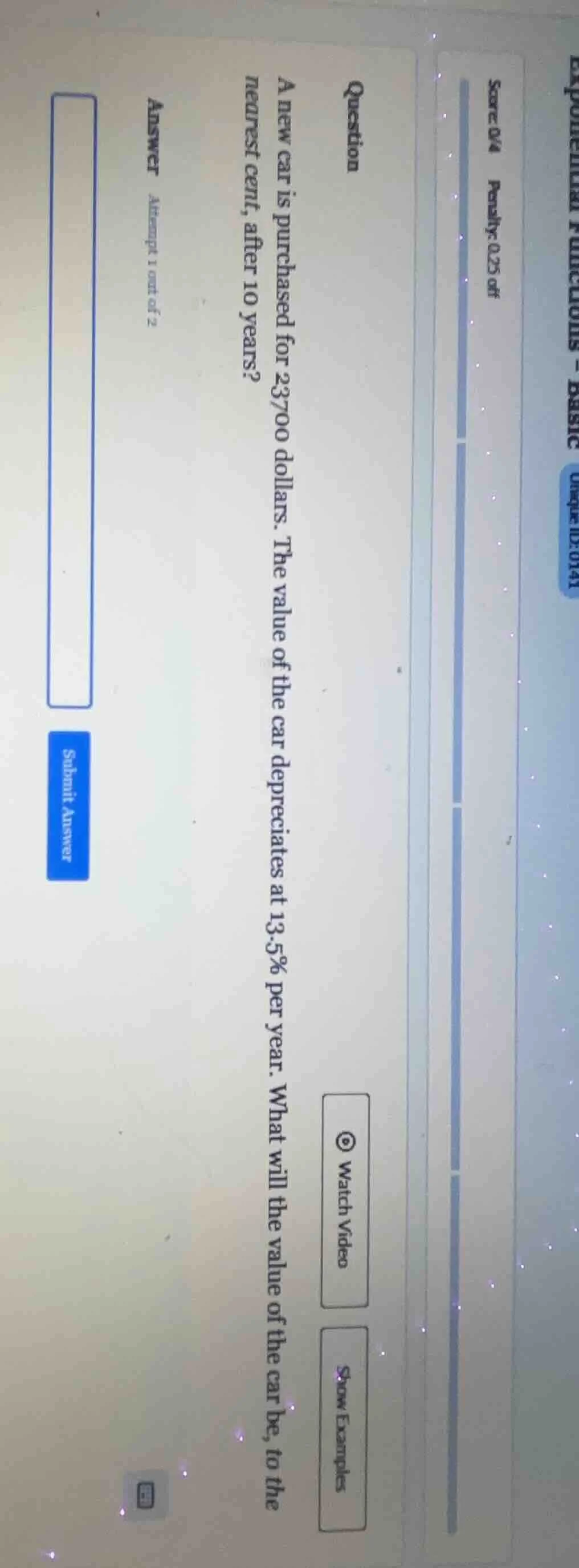 score: 0/4 penalty: 0.25 off question a new car is purchased for 23700 …