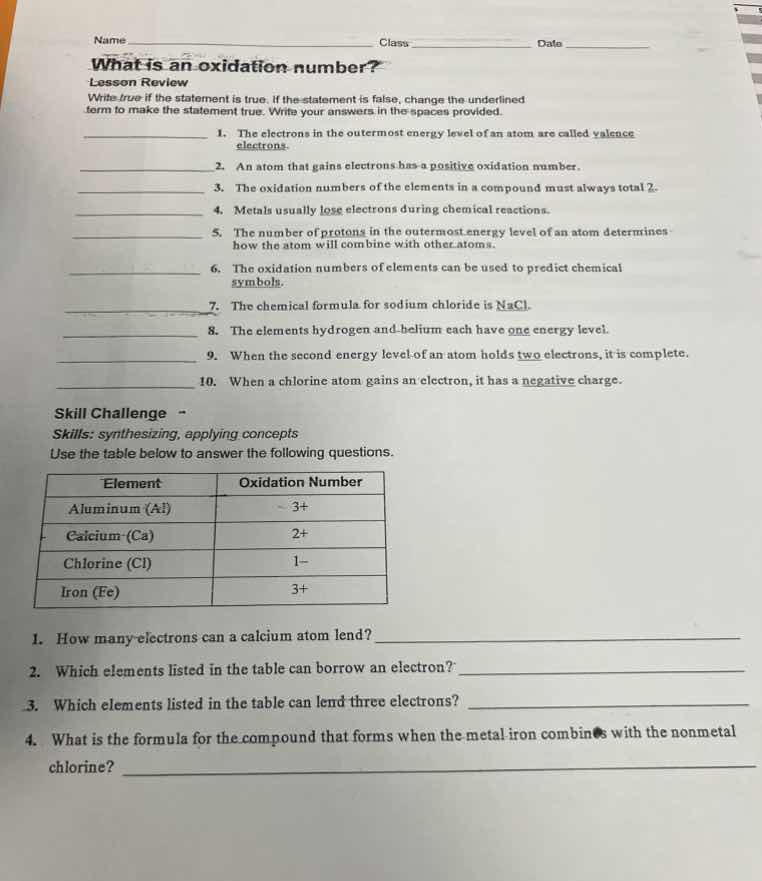 name__________ class__________ date__________ what is an oxidation numb…