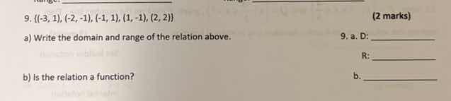 9. {(-3,1), (-2,-1), (1,1), (1,-1), (2,2)} (2 marks) a) write the domai…