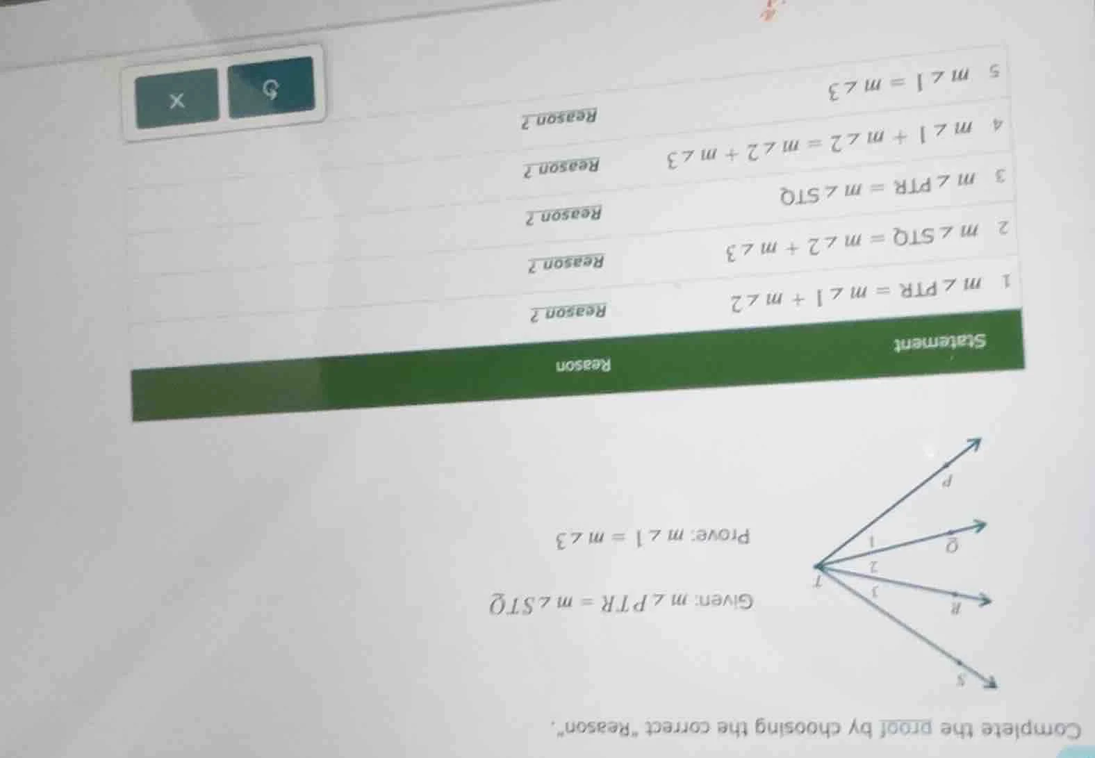 complete the proof by choosing the correct eason\. given: $m \\angle pt…