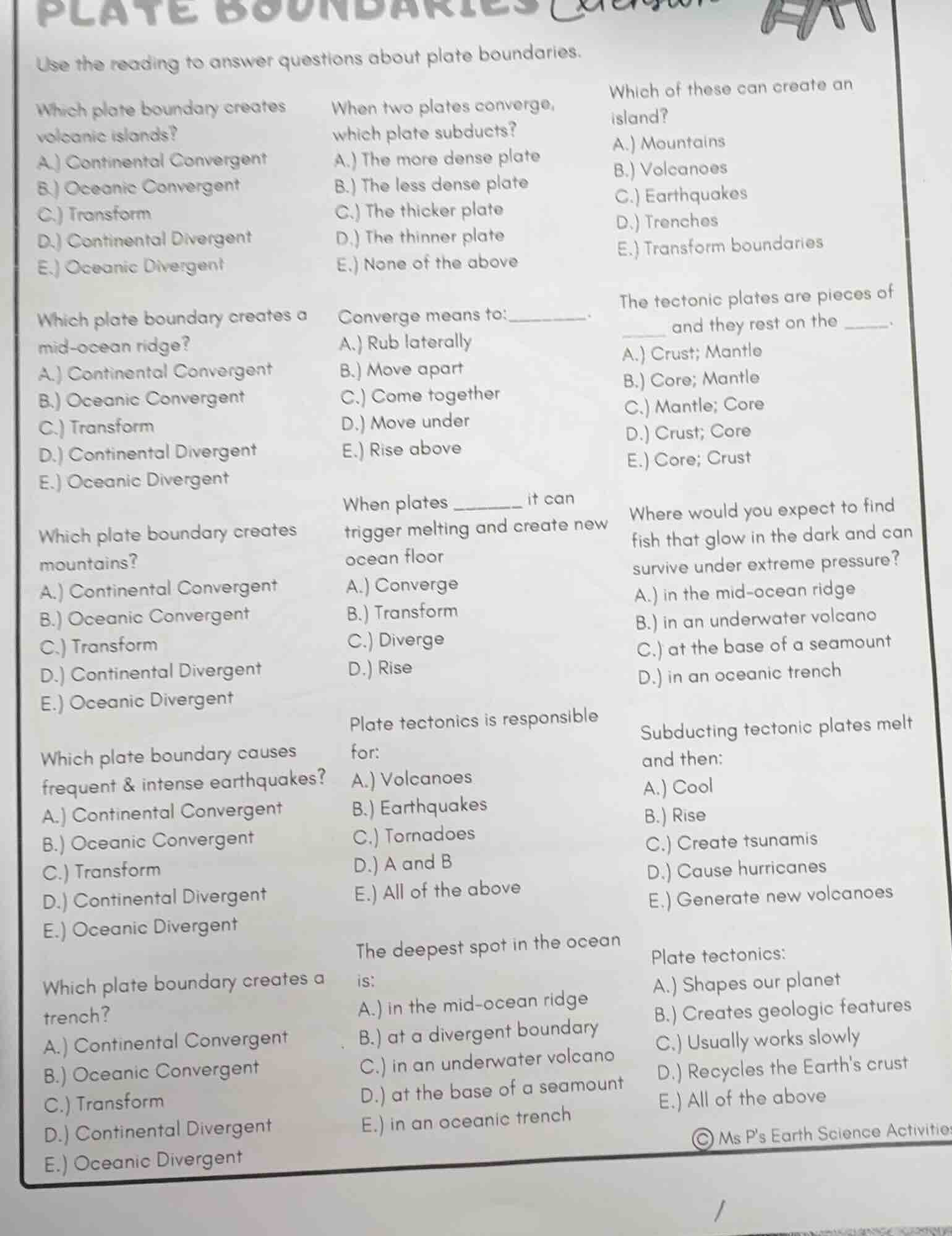 plate boundariesuse the reading to answer questions about plate boundar…
