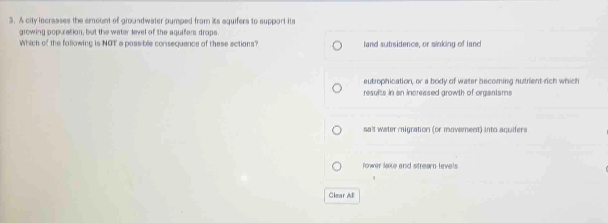 3. a city increases the amount of groundwater pumped from its aquifers …
