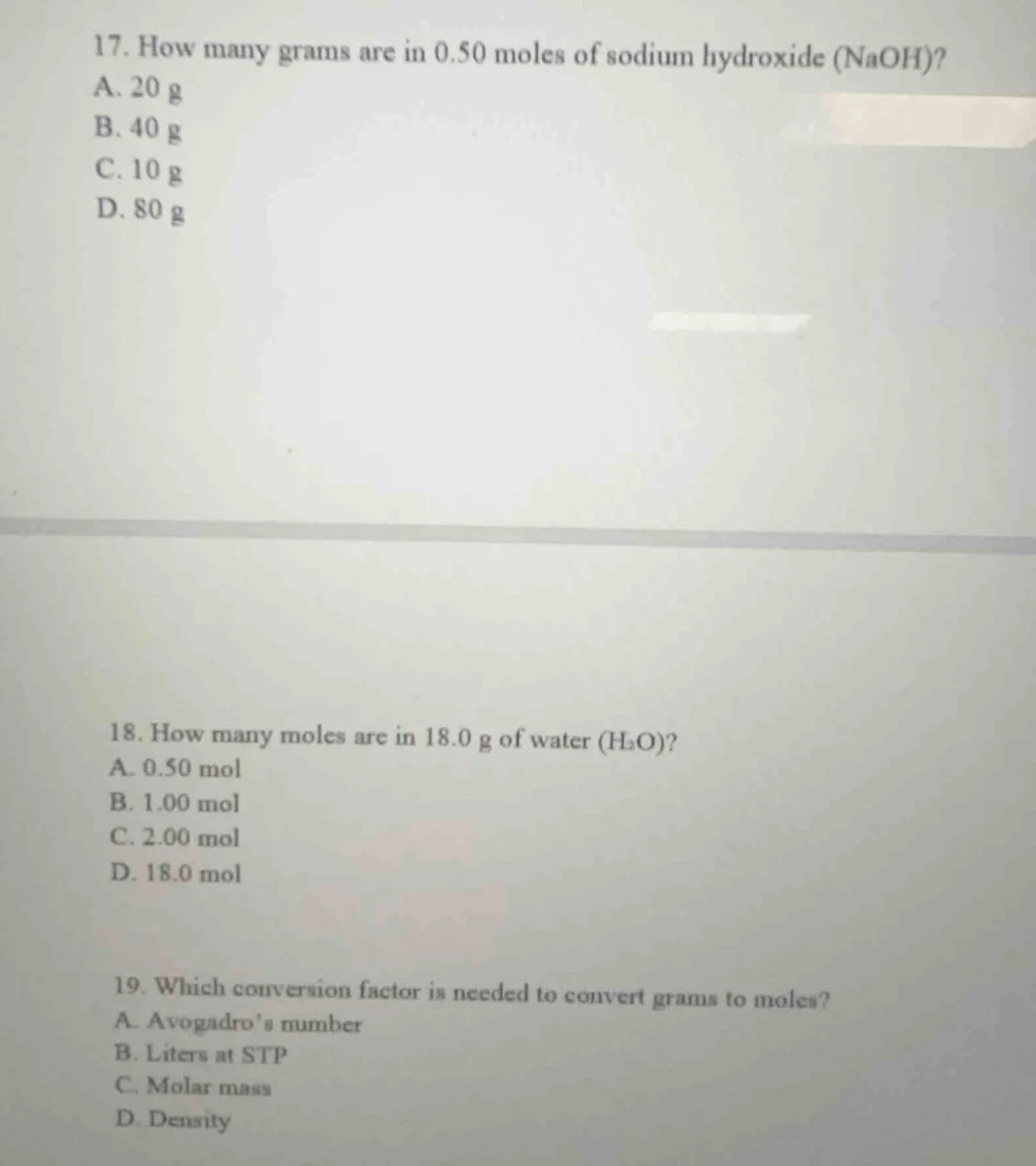 17. how many grams are in 0.50 moles of sodium hydroxide (naoh)? a. 20 …
