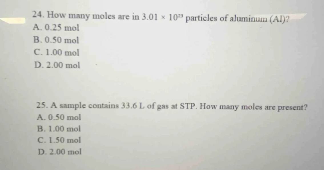 24. how many moles are in $3.01 \\times 10^{23}$ particles of aluminum …