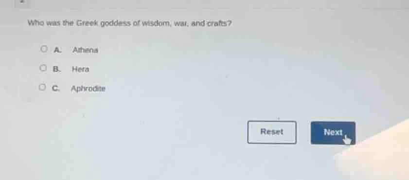 who was the greek goddess of wisdom, war, and crafts? a. athena b. hera…