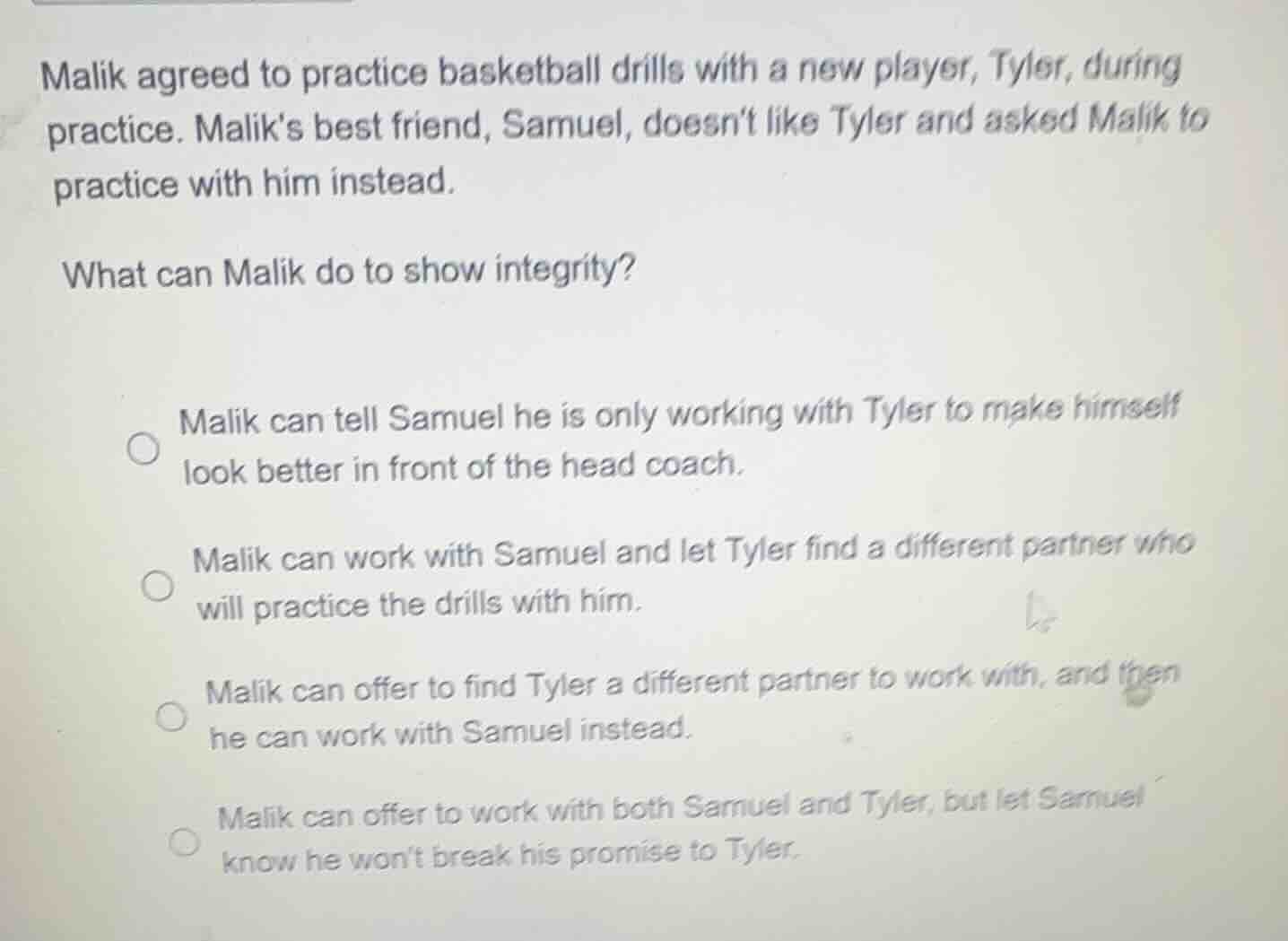 malik agreed to practice basketball drills with a new player, tyler, du…