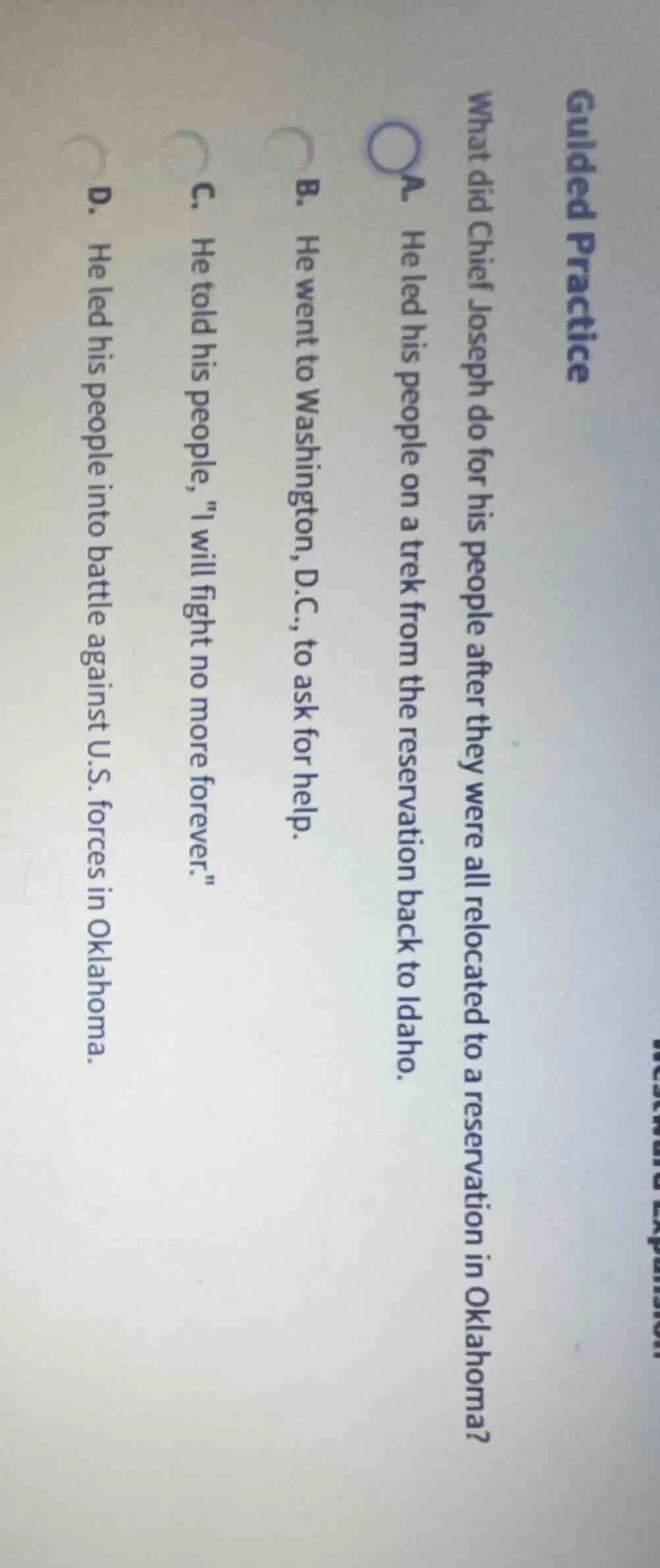 guided practice what did chief joseph do for his people after they were…