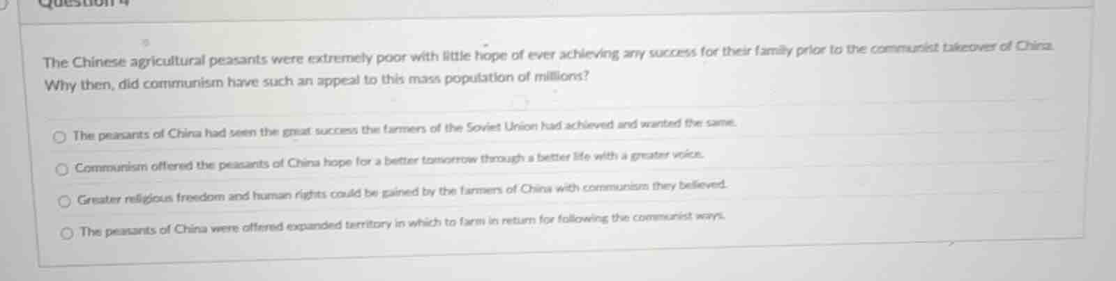 question 4 the chinese agricultural peasants were extremely poor with l…