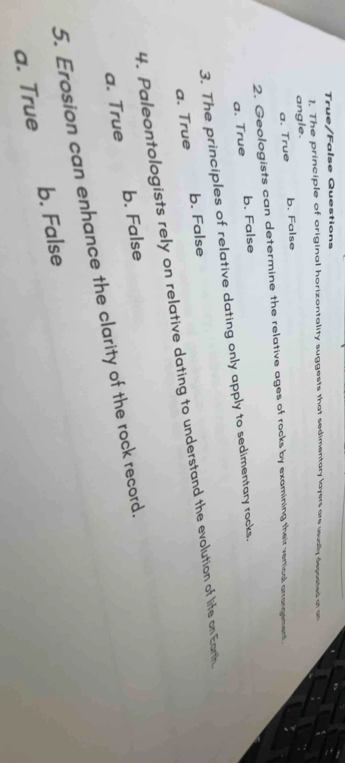 true/false questions 1. the principle of original horizontality suggest…
