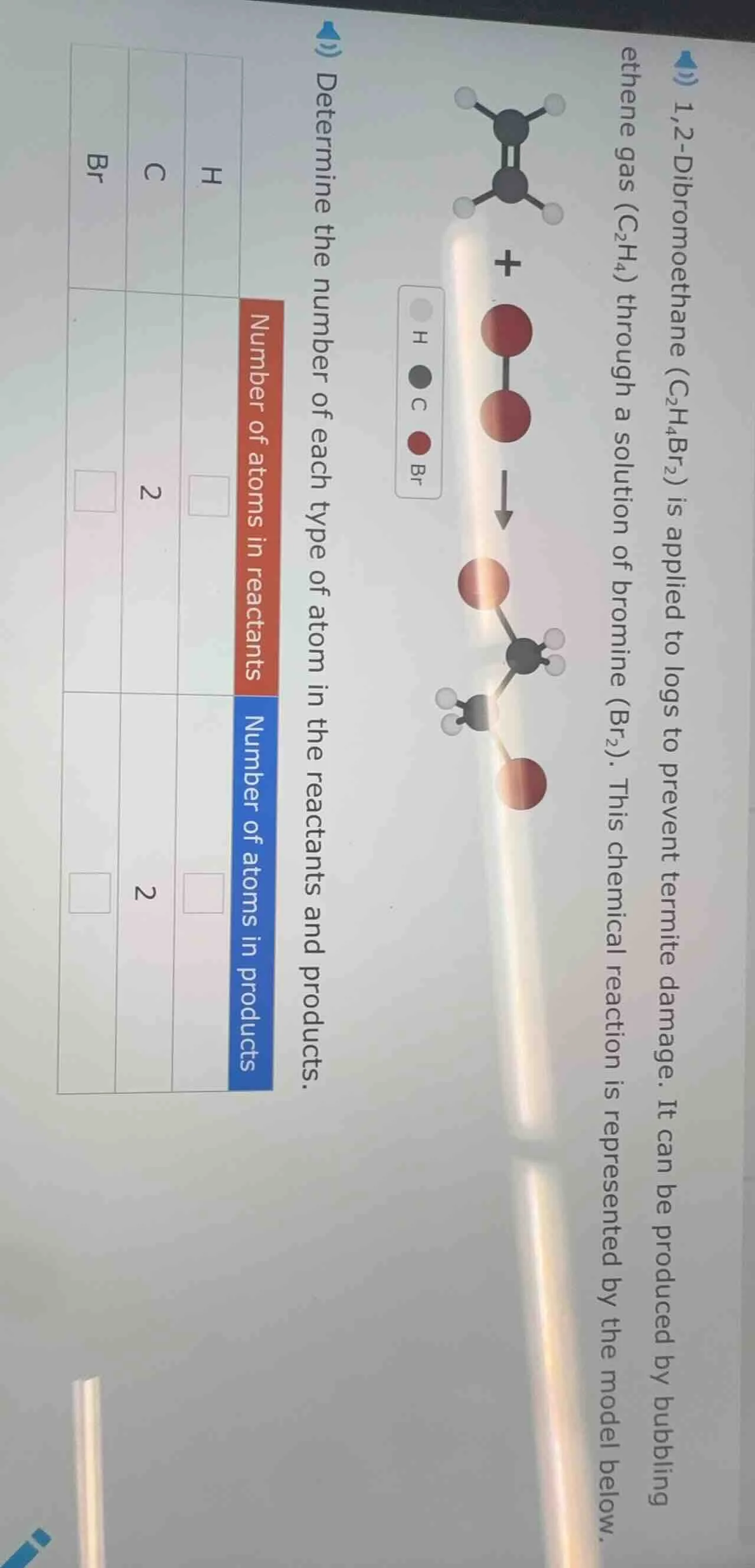 1,2-dibromoethane ($c_2h_4br_2$) is applied to logs to prevent termite …