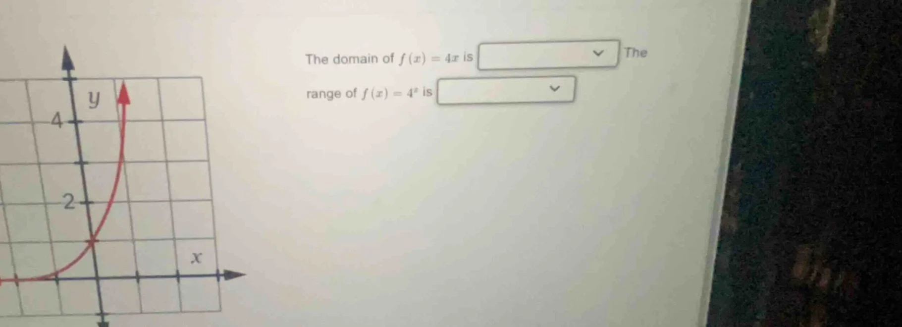 the domain of $f(x)=4x$ is the range of $f(x)=4^{x}$ is