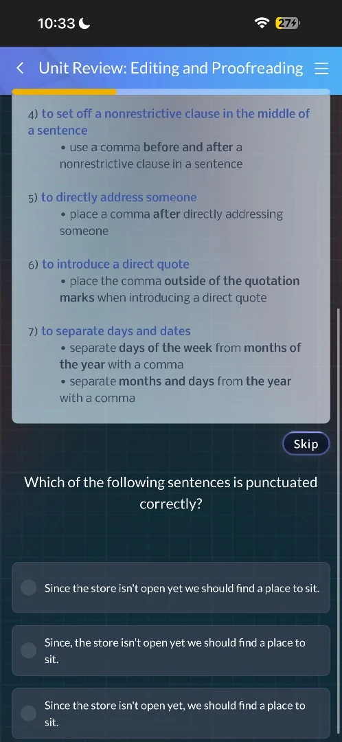 unit review: editing and proofreading 4) to set off a nonrestrictive cl…