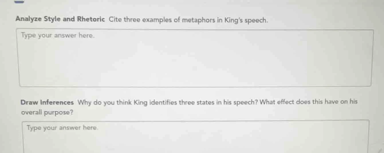 analyze style and rhetoric cite three examples of metaphors in kings sp…