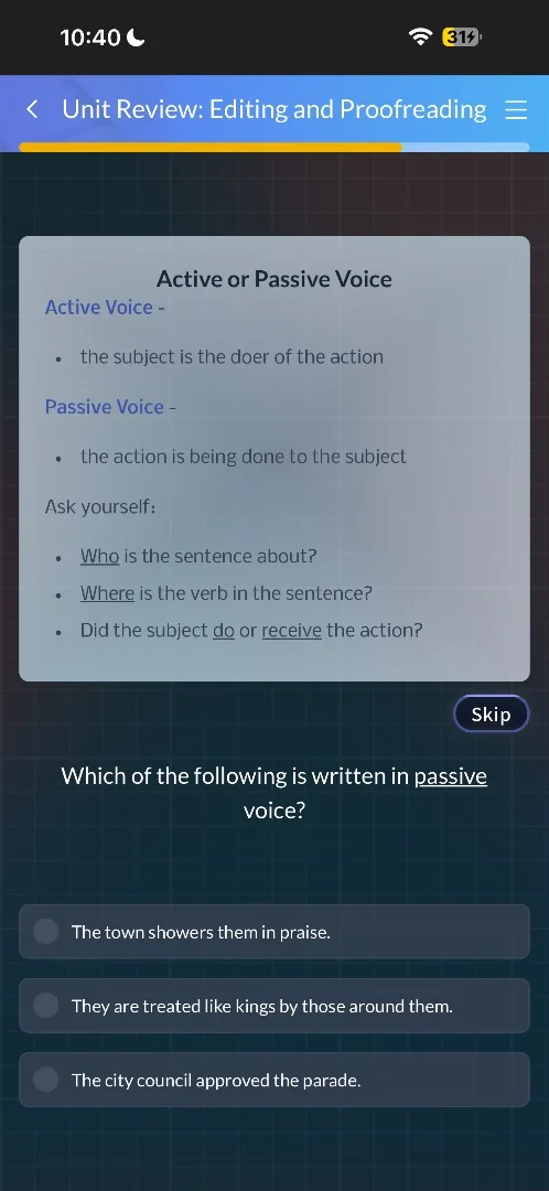 unit review: editing and proofreadingactive or passive voiceactive voic…