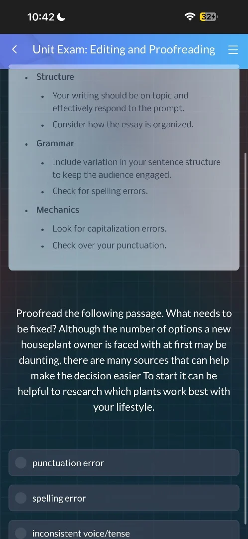 unit exam: editing and proofreading- structure - your writing should be…