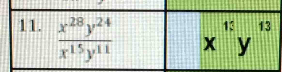 11. $\frac{x^{28}y^{24}}{x^{15}y^{11}}$