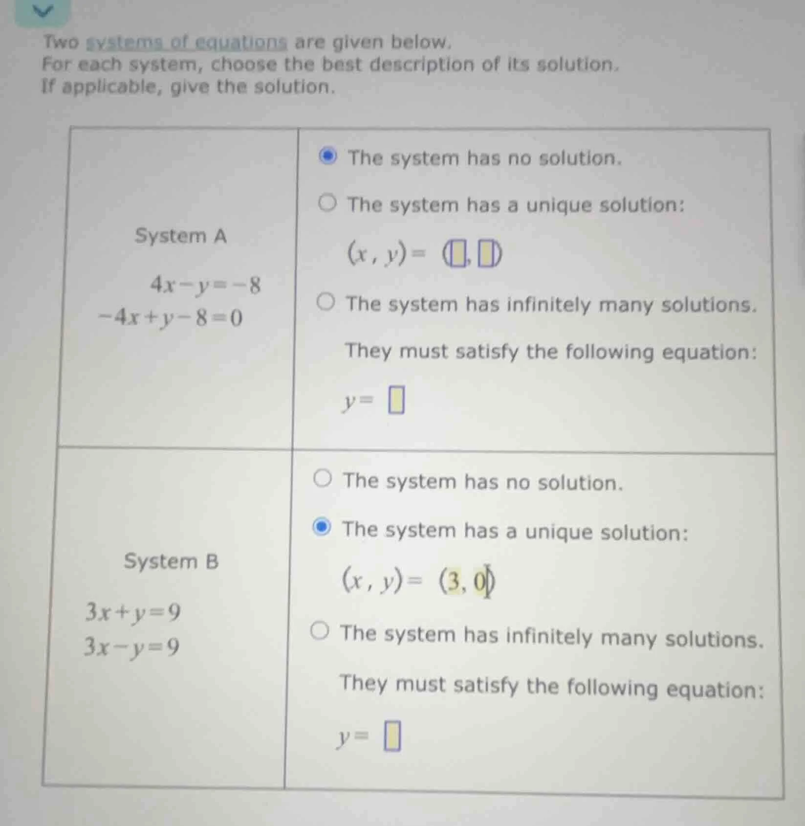 two systems of equations are given below. for each system, choose the b…