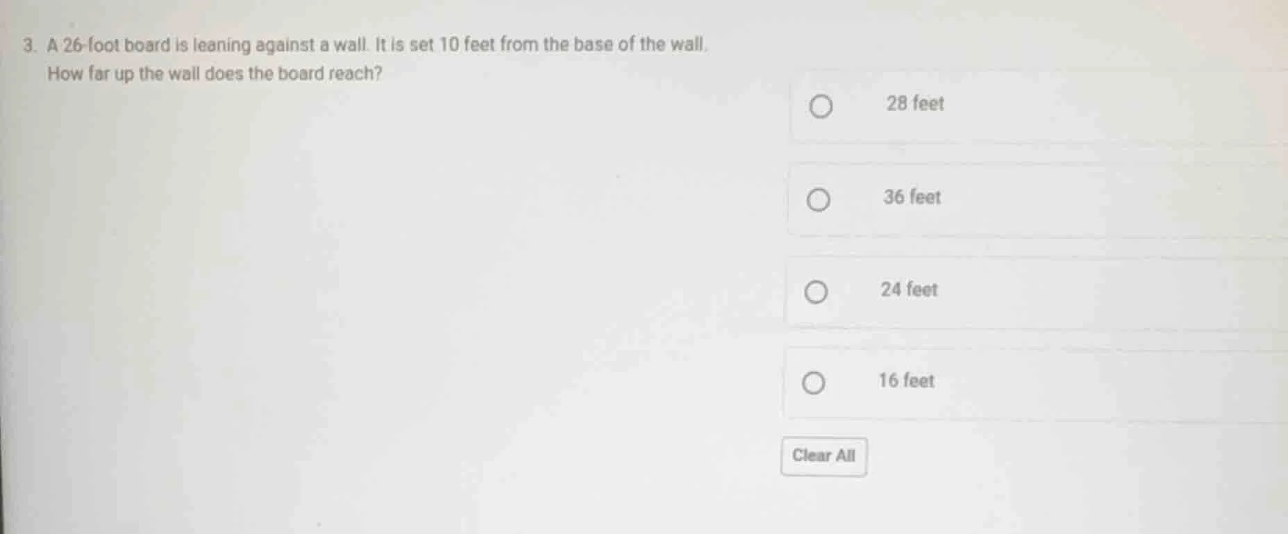 3. a 26-foot board is leaning against a wall. it is set 10 feet from th…