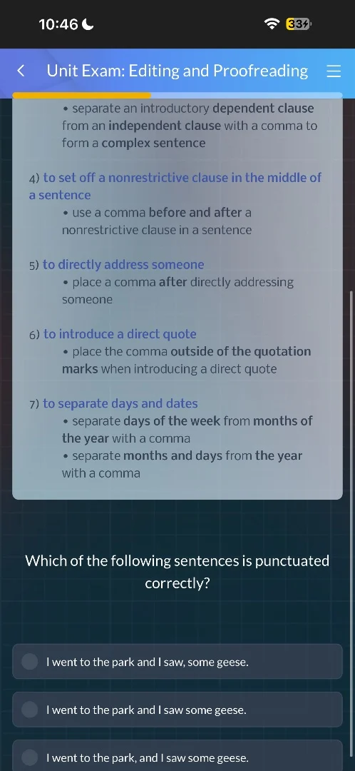 unit exam: editing and proofreading• separate an introductory dependent…