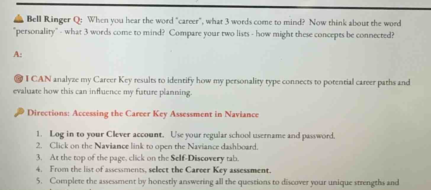 bell ringer q: when you hear the word \career\, what 3 words come to mi…