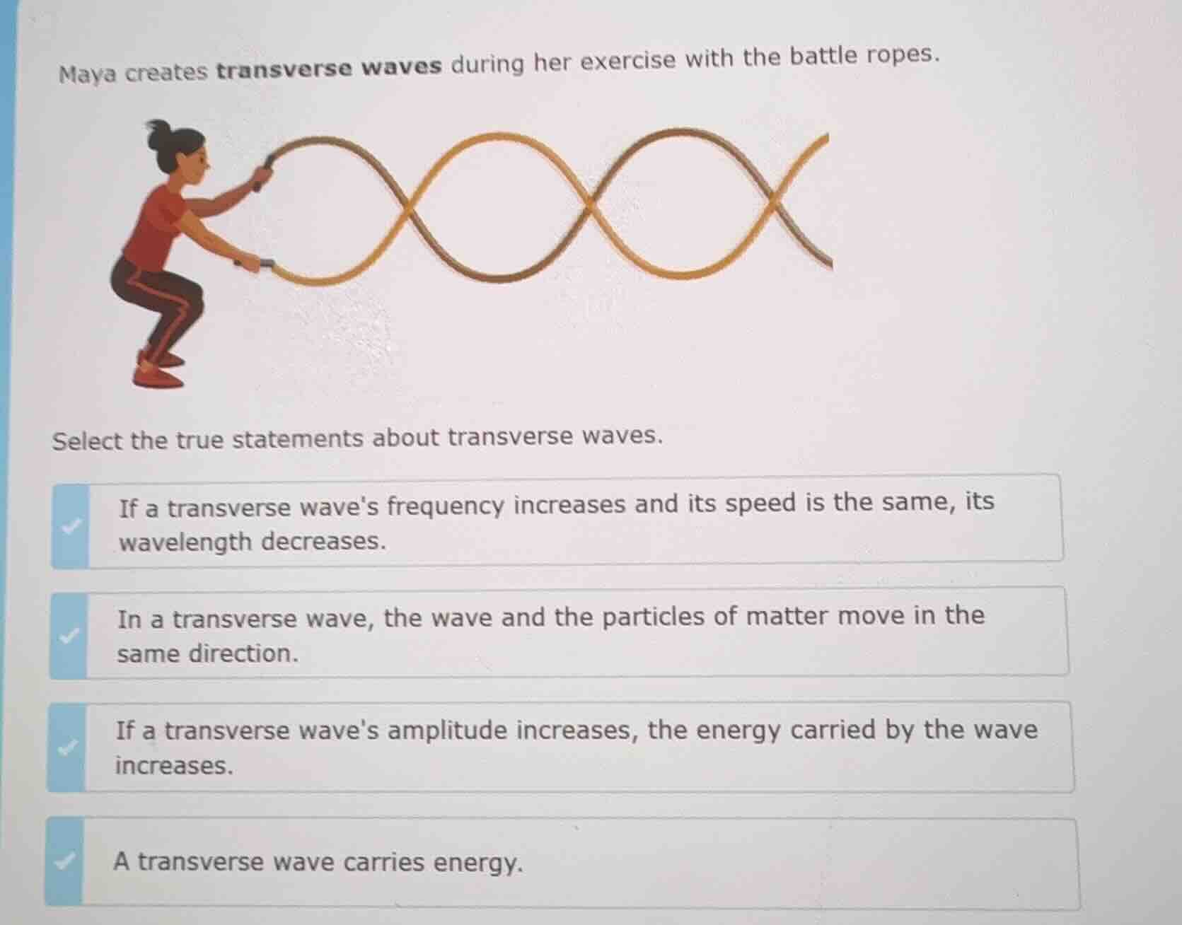 maya creates transverse waves during her exercise with the battle ropes…