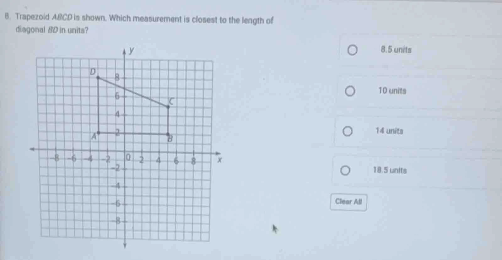 8. trapezoid abcd is shown. which measurement is closest to the length …