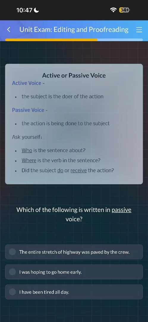 unit exam: editing and proofreading active or passive voice active voic…