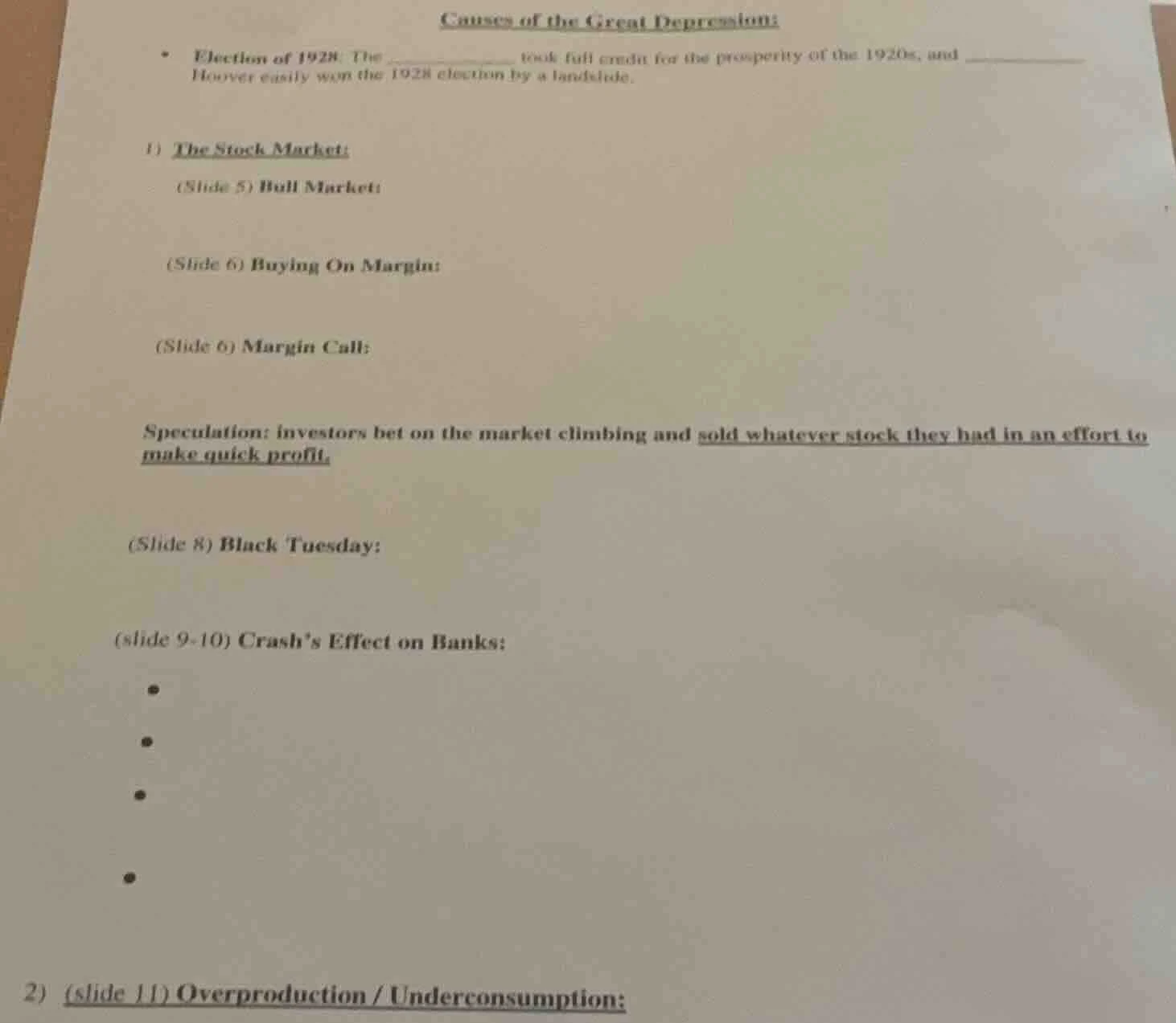 causes of the great depression:• election of 1928: the __________ took …
