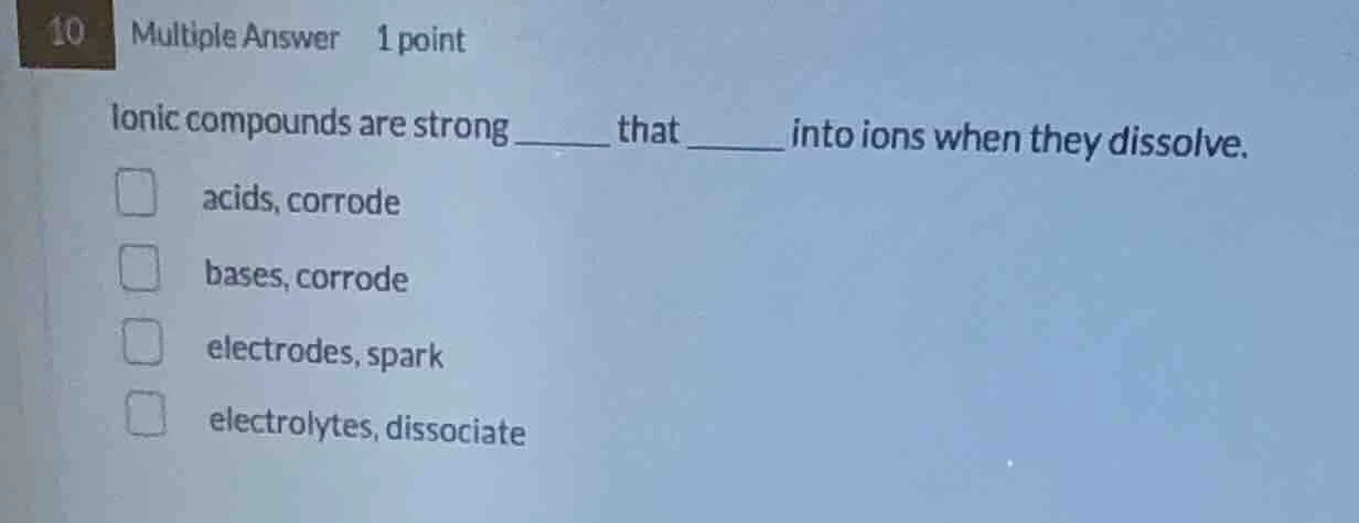 10 multiple answer 1 point ionic compounds are strong ______ that _____…