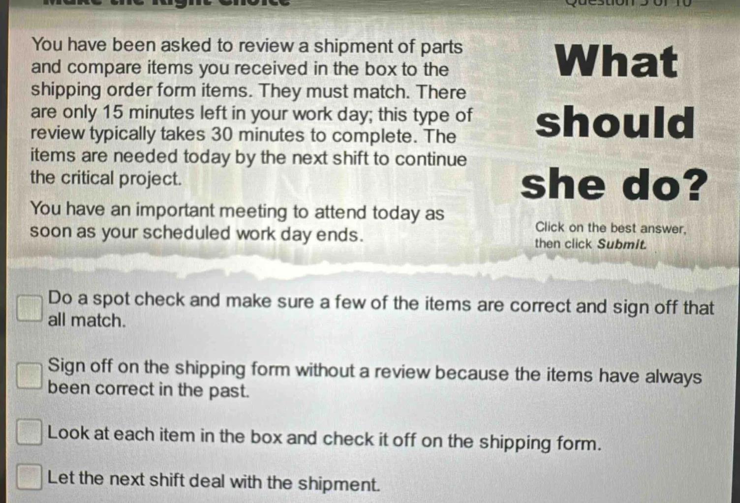 you have been asked to review a shipment of parts and compare items you…