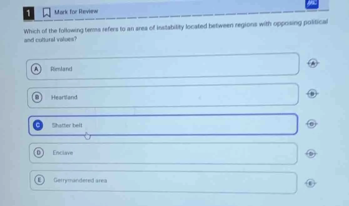 1 mark for review which of the following terms refers to an area of ins…
