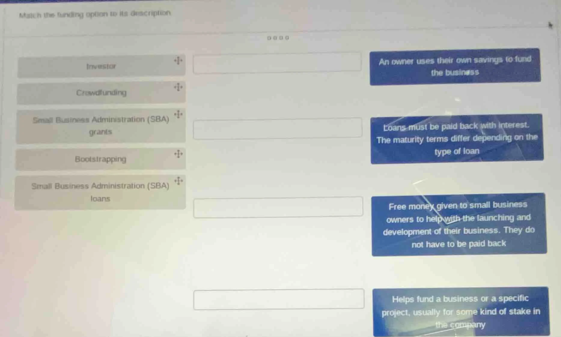 match the funding option to its description investor crowdfunding small…