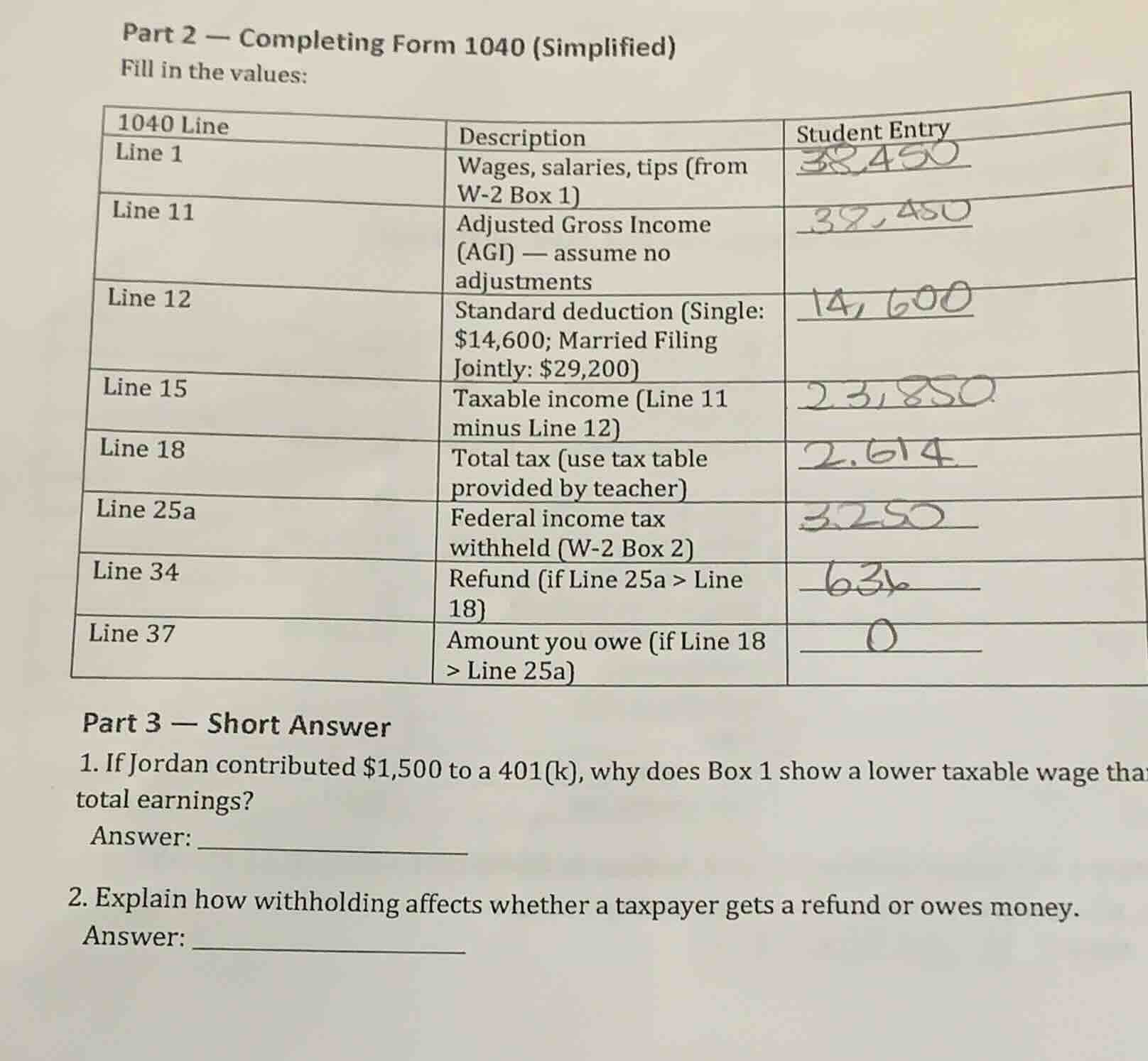part 2 — completing form 1040 (simplified)fill in the values:| 1040 lin…