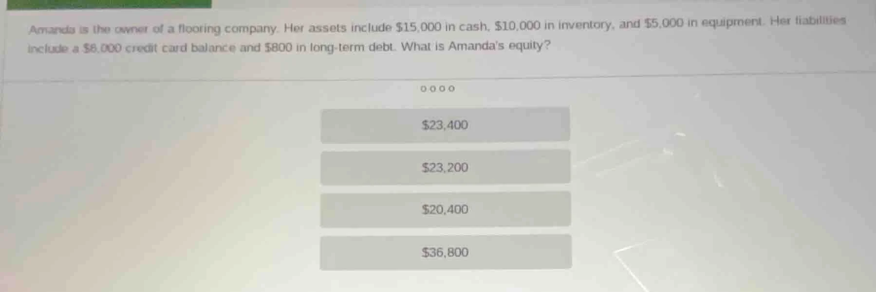 amanda is the owner of a flooring company. her assets include $15,000 i…