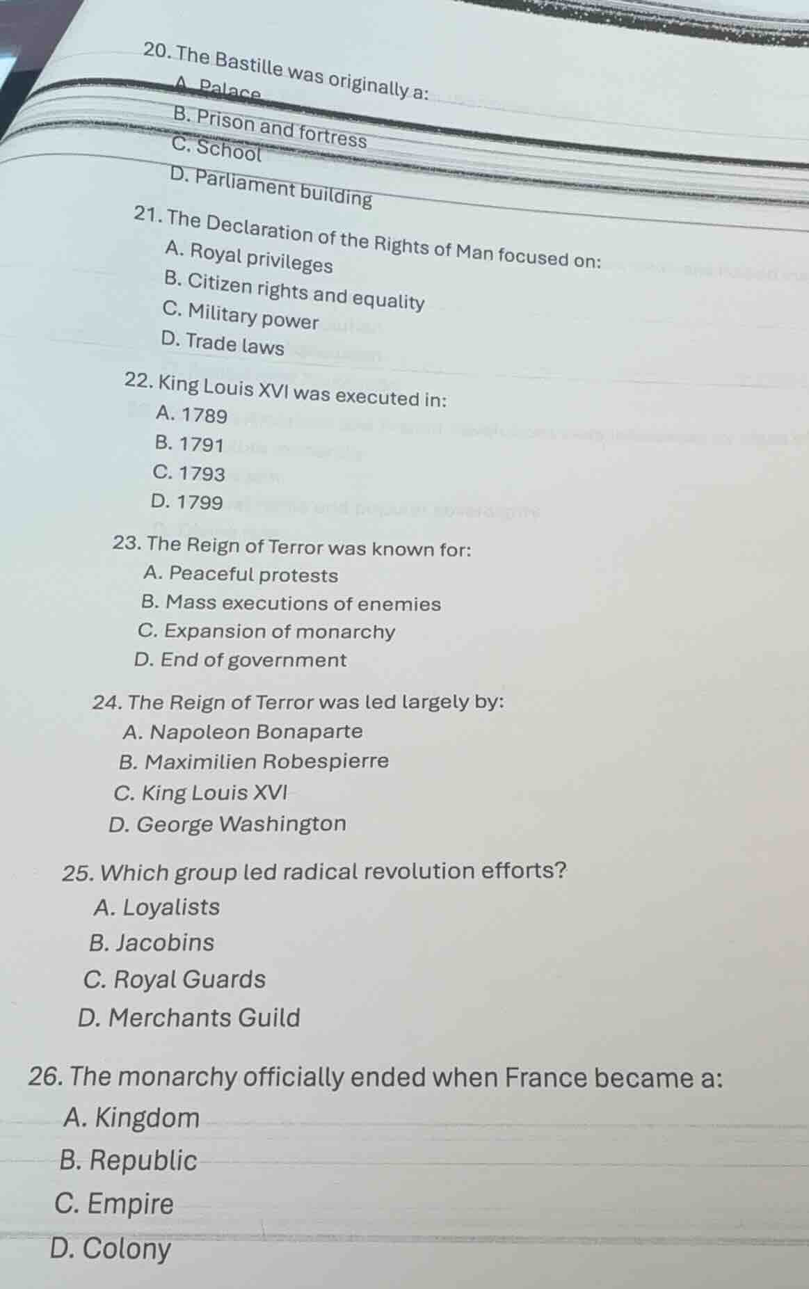20. the bastille was originally a: a. palace b. prison and fortress c. …