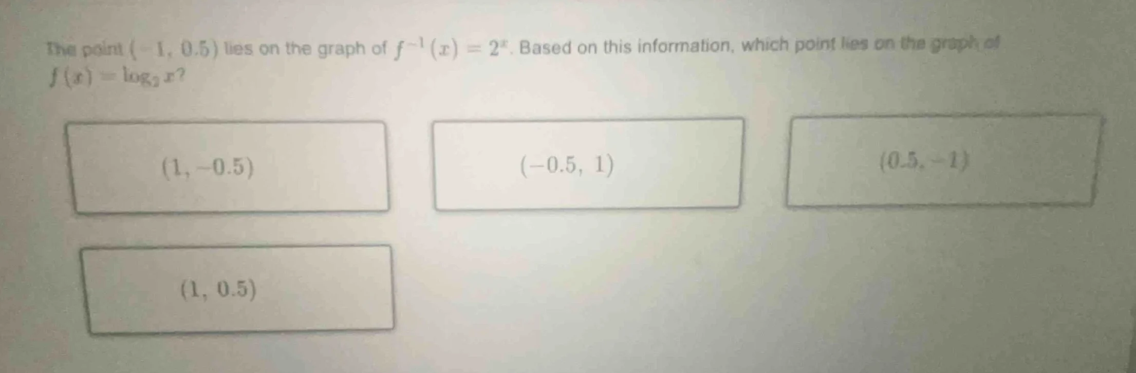 the point $(-1, 0.5)$ lies on the graph of $f^{-1}(x)=2^{x}$. based on …