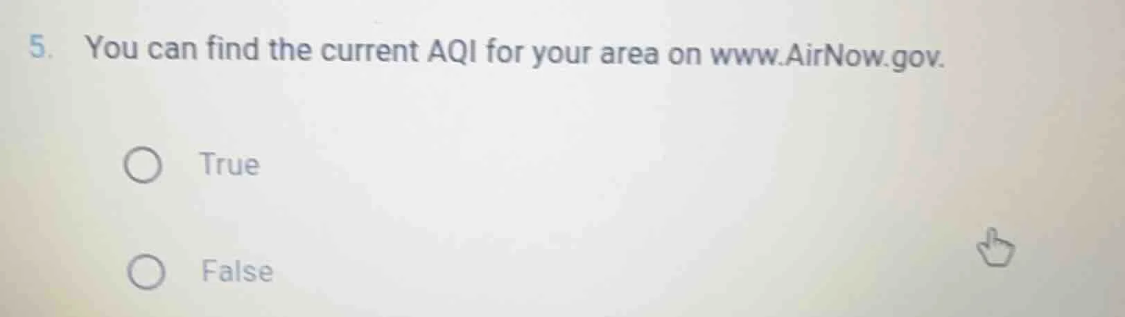 5. you can find the current aqi for your area on www.airnow.gov. true f…