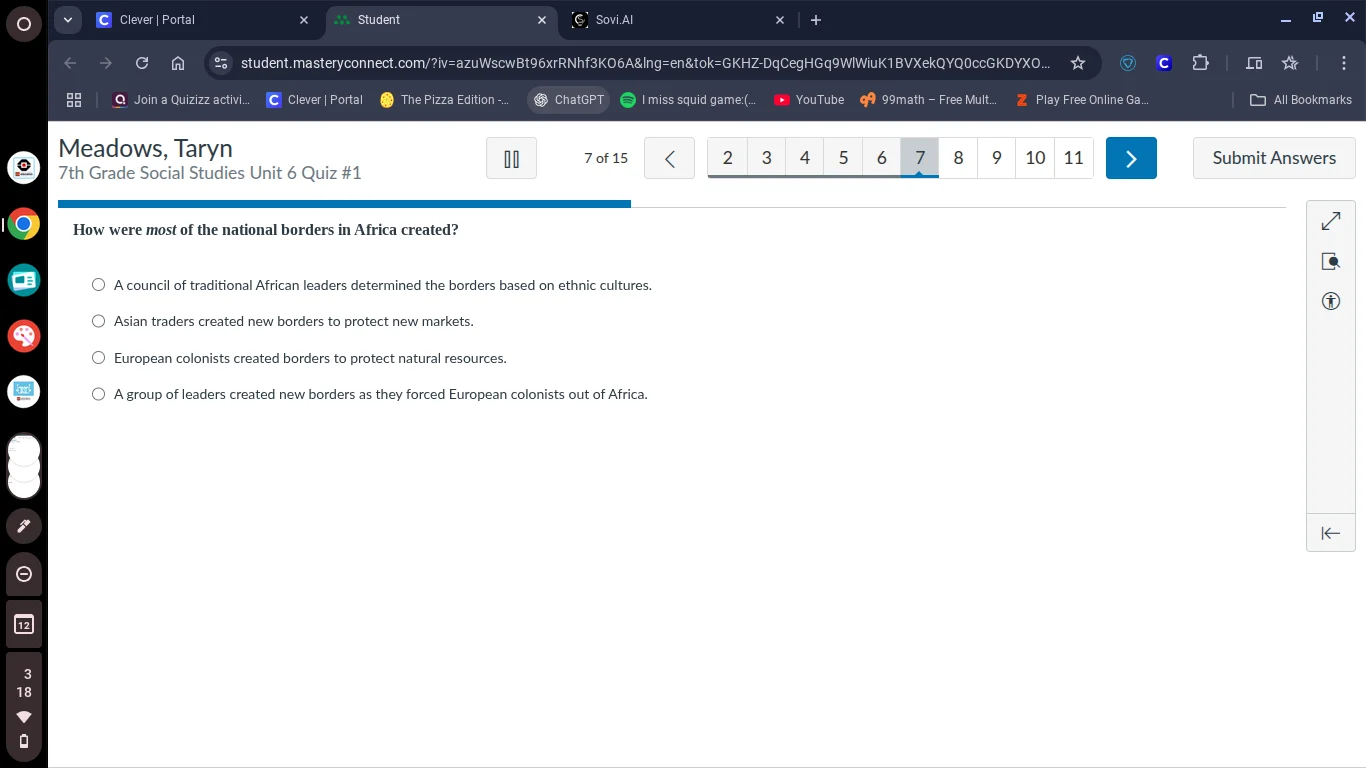 meadows, taryn 7th grade social studies unit 6 quiz #1 7 of 15 how were…