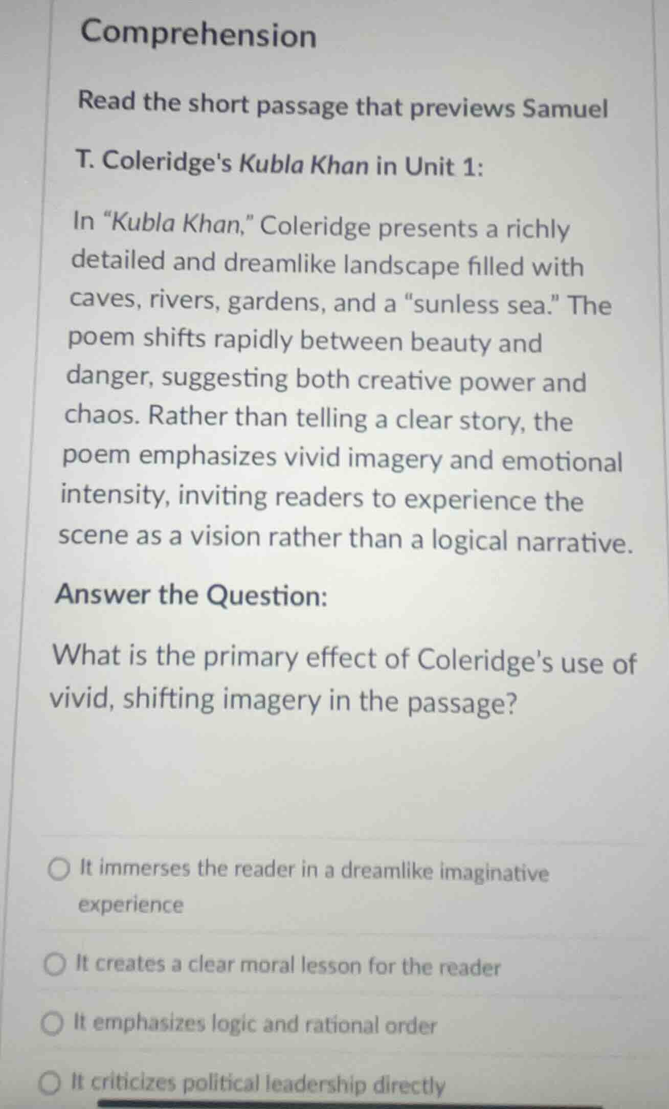 comprehension read the short passage that previews samuel t. coleridges…