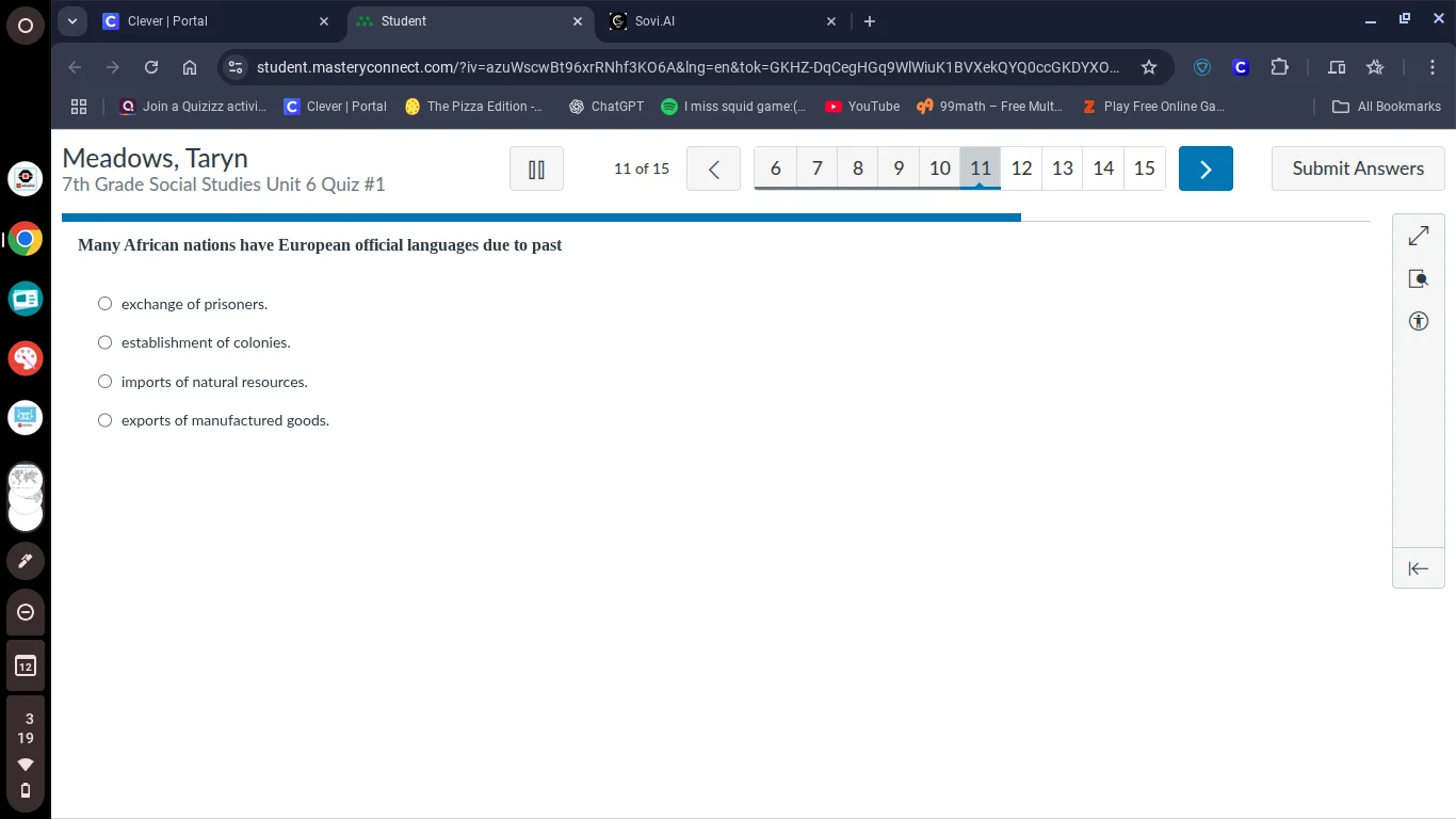 meadows, taryn 7th grade social studies unit 6 quiz #1 11 of 15 many af…