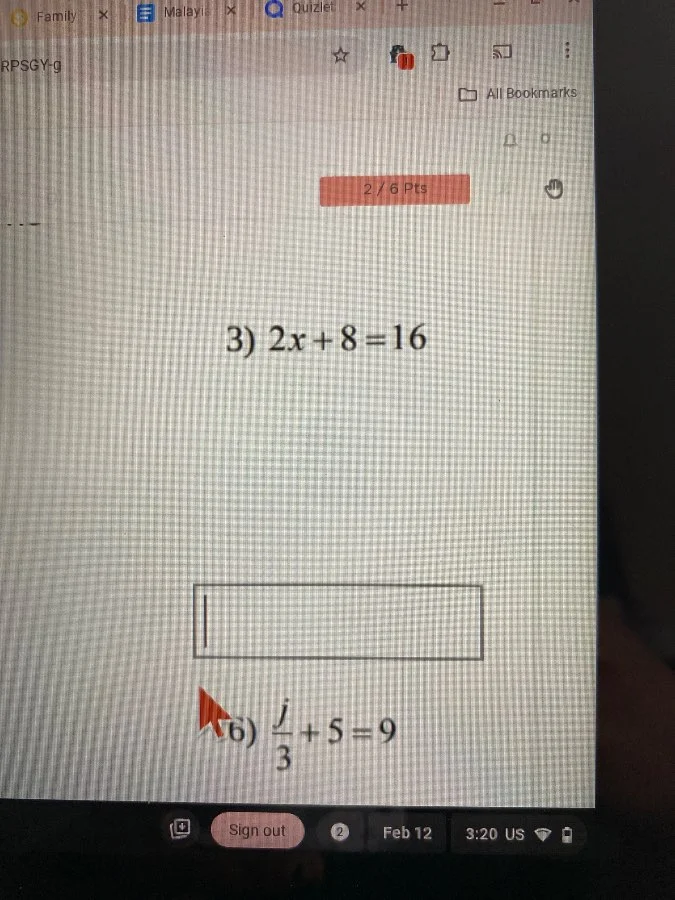 3) $2x + 8 = 16$ 6) $\frac{j}{3} + 5 = 9$