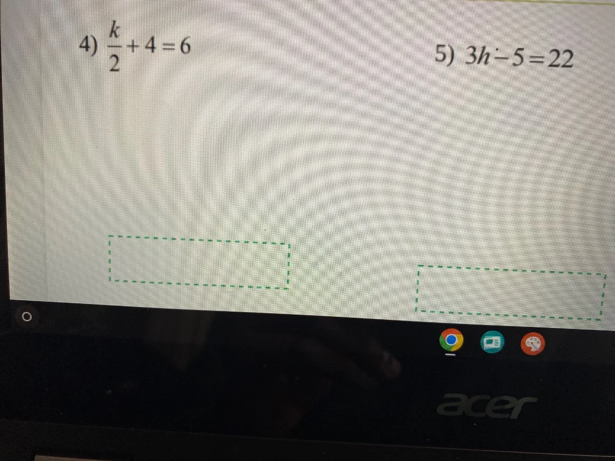 4) $\frac{k}{2}+4=6$ 5) $3h-5=22$